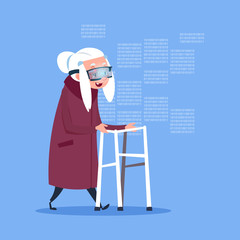 Senior Woman Wearing 3d Virtual Glasses Modern Grandmother Full Length Flat Vector Illustration
