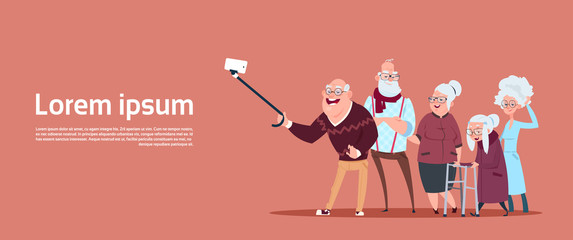Group Of Senior People Taking Selfie Photo With Self Stick Modern Grandfather And Grandmother Flat Vector Illustration - obrazy, fototapety, plakaty