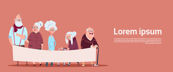 Group Of Senior People Holding Empty Banner With Copy Space Modern Grandfather And Grandmother Full Length Flat Vector Illustration