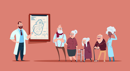 Group Of Senior People On Consultation With Doctor, Pensioners In Hospital Health Care Concept Flat Vector Illustration