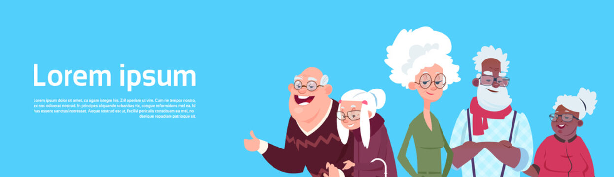 Mix Race Group Of Senior People Modern Grandfather And Grandmother Flat Vector Illustration