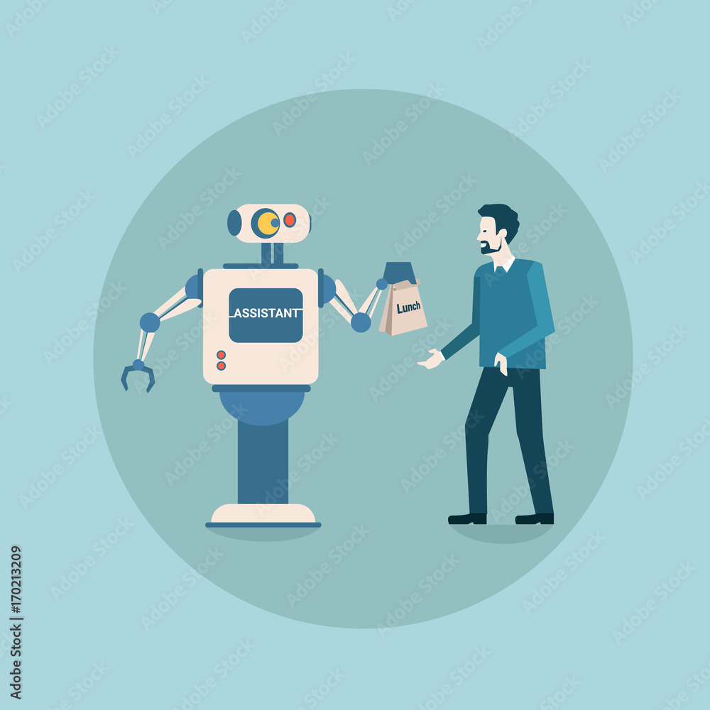 Poster modern robot giving business man packet with food futuristic artificial intelligence mechanism techn