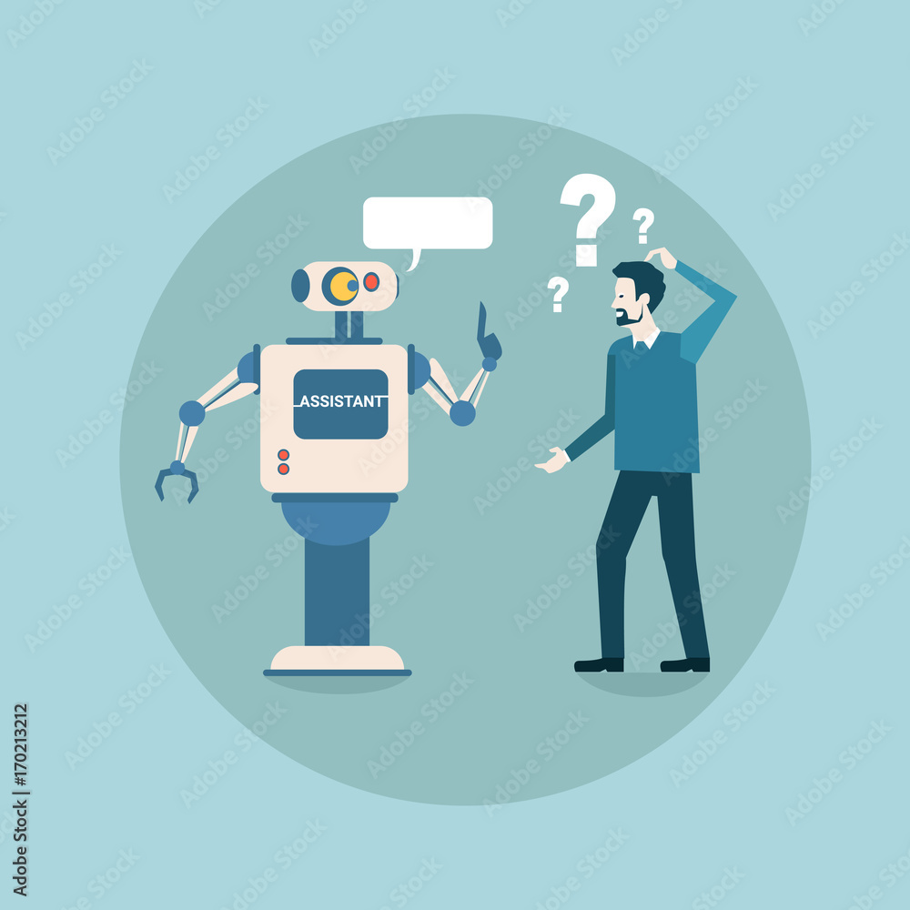 Poster modern robot think problem with business man futuristic artificial intelligence mechanism technology