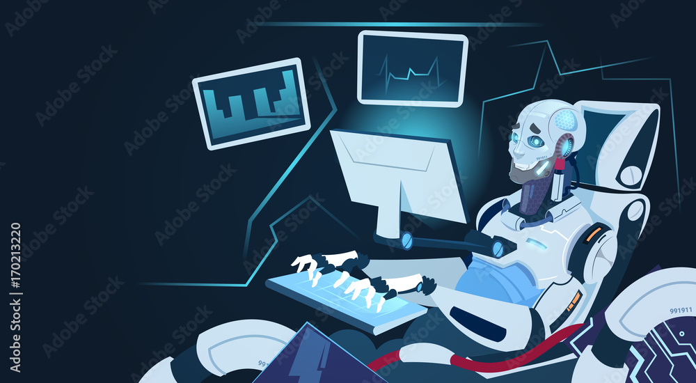 Poster modern robot working on computer futuristic artificial intelligence mechanism technology flat vector