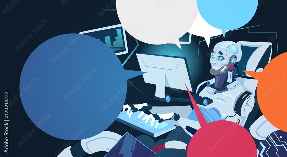 Poster modern robot working on computer futuristic artificial intelligence mechanism technology flat vector