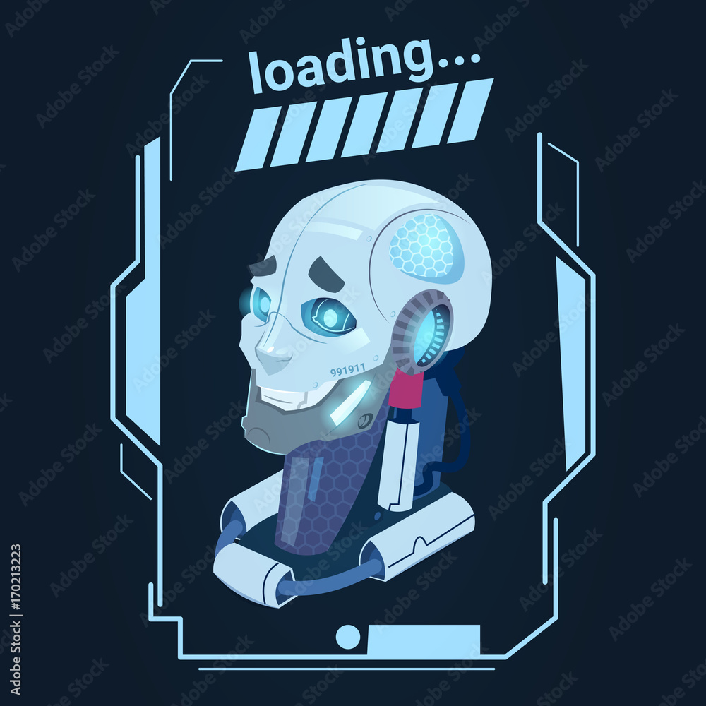 Poster modern robot loading futuristic artificial intelligence mechanism technology flat vector illustratio