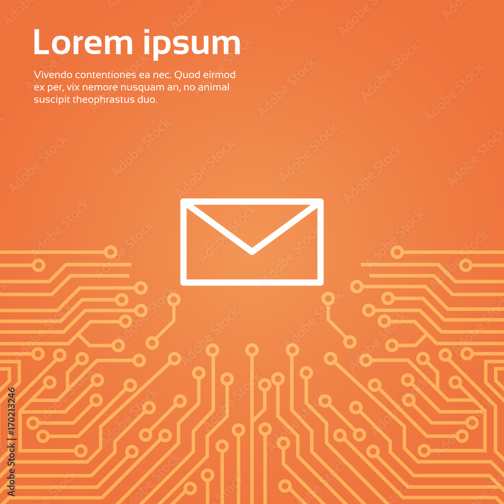 Poster message envelope icon over computer chip moterboard background banner vector illustration