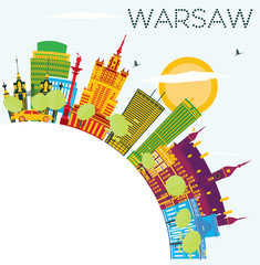 Plakaty  Warszawa Skyline z kolorowymi budynkami, niebieskim niebem i przestrzenią do kopiowania.