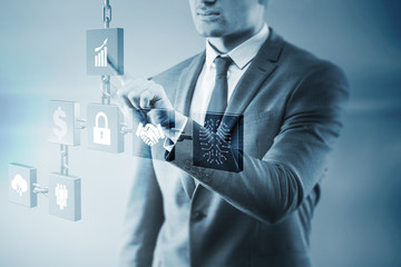 Businessman in blockchain cryptocurrency concept