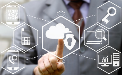 Cloud Computing Insurance - web storage personal access safety business concept service. Businessman presses cloud shield keyhole button on a virtual interface.