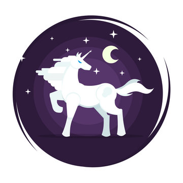 Unicorn icon in flat style with star and moon. Vector illustration.