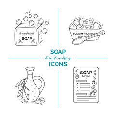 Set of vector thin line icons of handmade soap production