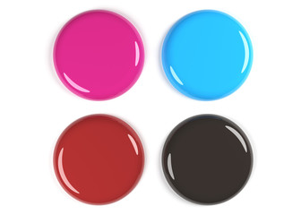 3D Rendering Of Four Colored Glossy Empty Badges On White Background
