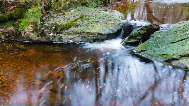 Timelapse sequence of a small waterfall of the mountain creek Tro Maret in the Ardennes, Belgium with bubbles shooting around. The water is brown due to the high amount of peat in the area.