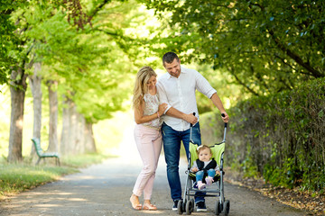 Mother, father and baby in a stroller walk along the alley in the park.