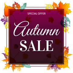 Advertising banner or poster autumn sale with bright autumn leaves in orange color, you can use it to advertise the store in print and on the website. Vector illustration with isolated objects