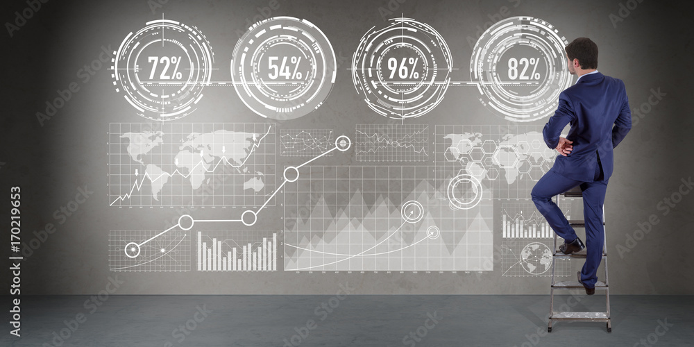 Aufkleber Businessman using graph screens interface on a wall 3D rendering
