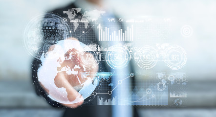 Businessman using hologram screen with digital datas 3D rendering