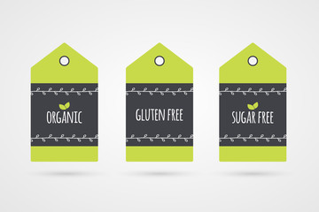 Organic Gluten Sugar Free label set. Vector food icons. Green shopping tag signs with twigs isolated. Illustration symbols for product, packaging, healthy eating, celiac disease, diabetic, store, logo