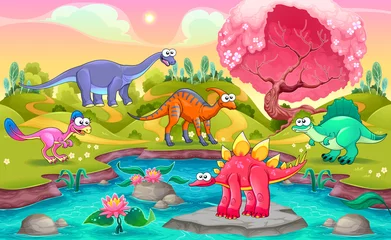Selbstklebende Fototapeten Gruppe lustiger Dinosaurier in einer Naturlandschaft © ddraw