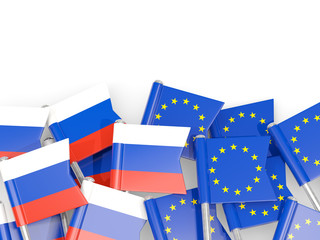 Fototapeta na wymiar Flag pins of Russia and EU isolated on white