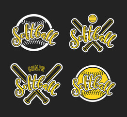 Emblem of softball. Graphic design for t-shirt and stickers. Vector illustration on black background