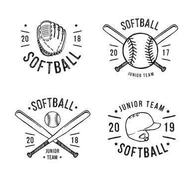 Hand Drawn Emblem of softball. Graphic design for t-shirt and stickers. Vector illustration on white background