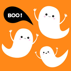 Flying ghost spirit set. Three scary white ghosts. Boo Happy Halloween. Cute cartoon spooky character. Smiling Sad face, frightening scaring hands. Orange background. Greeting card. Flat design.