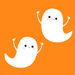 Flying ghost spirit set. Happy Halloween. Two scary white ghosts. Cute cartoon spooky character. Smiling Sad face, frightening scaring hands. Orange background. Greeting card Isolated. Flat design.