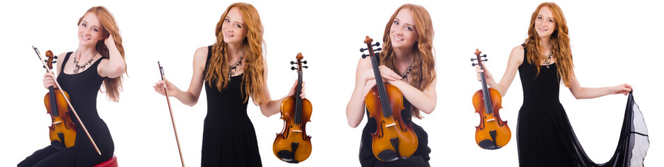 Woman with violin isolated on white
