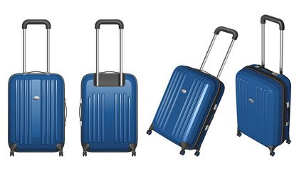 Векторный синий пластиковый чемодан на колесиках с выдвижной ручкой, вид спереди, вид сзади и два общих вида, на белом фоне