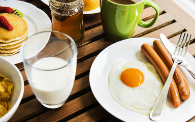 Closeup of fried egg with sausages as breakfast