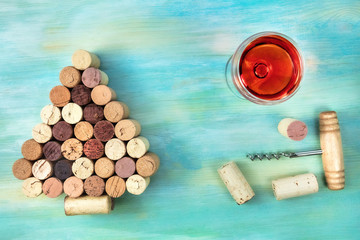 Corks Christmas tree, glass of wine, place for text
