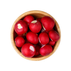 Red radish in wooden bowl isolated on white background.