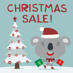 Christmas sale! Funny koala skating with packages shopping discounts. Christmas sale banner with koala in hat in cartoon style.