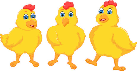 Three yellow chickens with happily cartoon