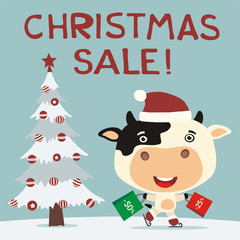 Christmas sale! Funny cow skating with packages shopping discounts. Christmas sale banner with cow in hat in cartoon style.