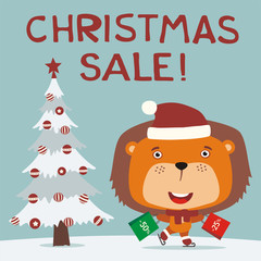 Christmas sale! Funny lion skating with packages shopping discounts. Christmas sale banner with lion in hat in cartoon style.