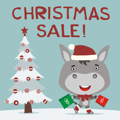 Fototapeta na wymiar Christmas sale! Funny donkey skating with packages shopping discounts. Christmas sale banner with donkey in hat in cartoon style.