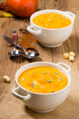 soup, cream of pumpkin served with roasted seeds and croutons.