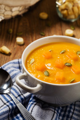 soup, cream of pumpkin served with roasted seeds and croutons.