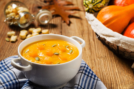 soup, cream of pumpkin served with roasted seeds and croutons.