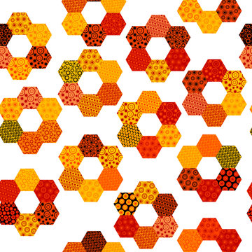 Patchwork pattern with flowers made of hexagonal patches © hibrida