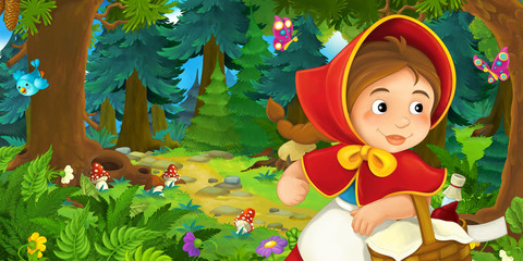 cartoon scene with young girl walking through the forest - illustration for children