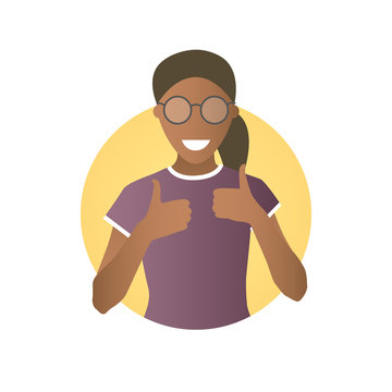 Glad, joyful, cheerful black girl in glasses. Flat gradient icon of woman with thumbs up. Simply editable isolated on white vector sign