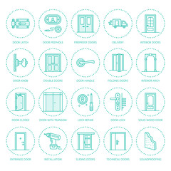 Doors installation, repair line icons. Various door types, handle, latch, lock, hinges. Interior design thin linear signs for house decor shop, handyman service.