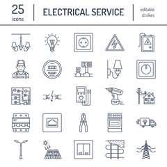 Fototapeta premium Electricity engineering vector flat line icons. Electrical equipment, power socket, torn wire, energy meter, lamp, wiring design, multimeter. Electrician services signs, house repair illustration.