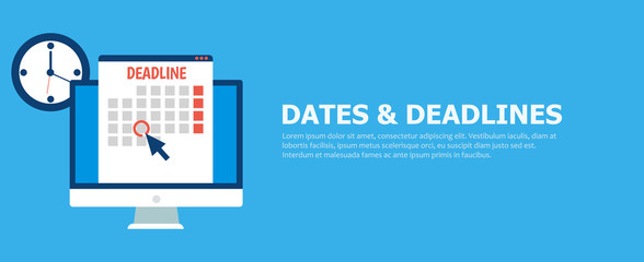 Dates and Deadlines banner. Computer with calendar, clock and hourglass - obrazy, fototapety, plakaty