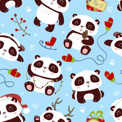 Naklejka premium vector cartoon style winter christmas new year panda blue seamless pattern