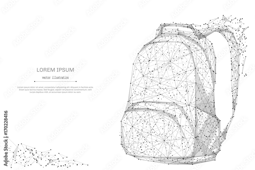 Poster Backpack isolated from low poly wireframe on white background. Back to school concept. Vector abstract polygonal image mash line and point hands collect puzzle with an inscription. Digital graphics